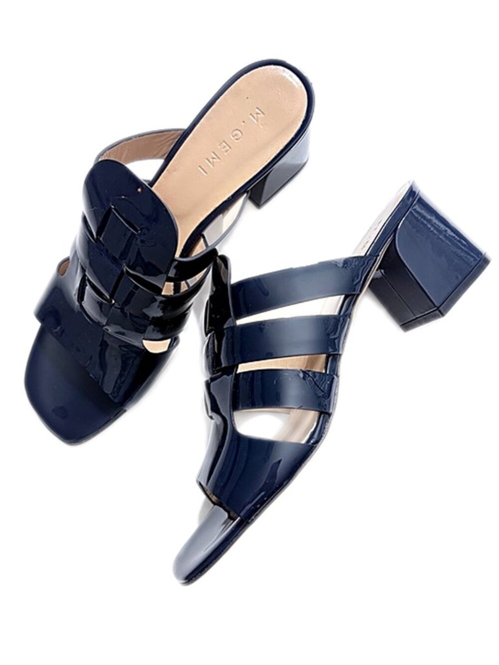 M. Gemi Sandals "The Mare" Sandals Patent Leather Blue Block Heel Slip On 9.5